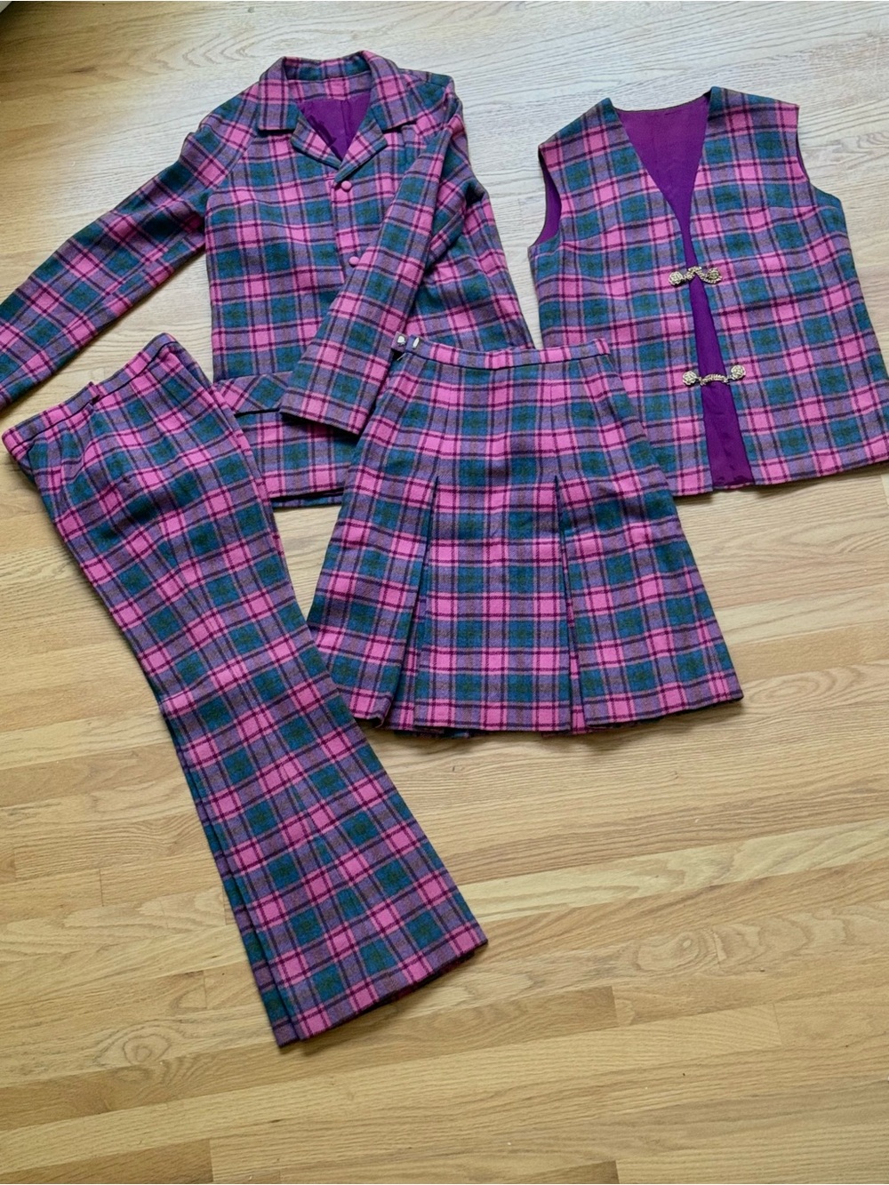 Vintage 60s Handmade Wool 4 Piece Pant Suit in Pink Plaid Size Small